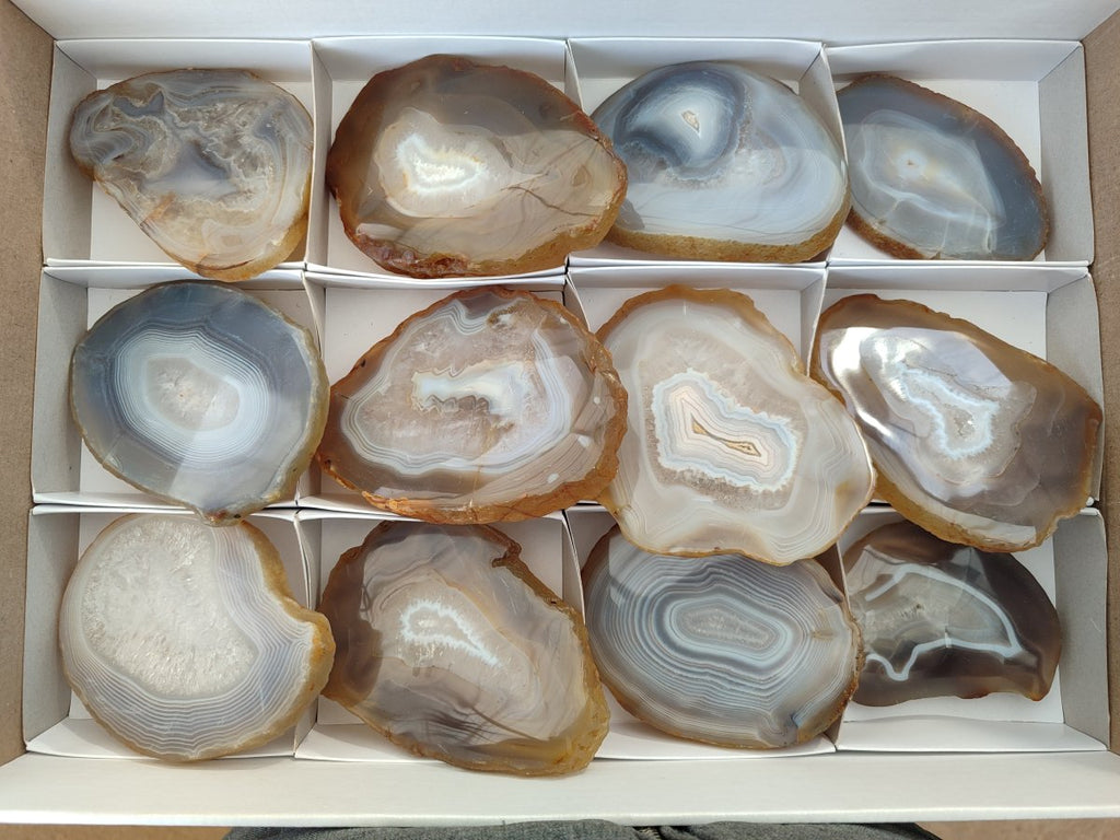 Polished Banded Agate Slices with Natural Edging x 12 From Madagascar - Toprock Gemstones and Minerals 