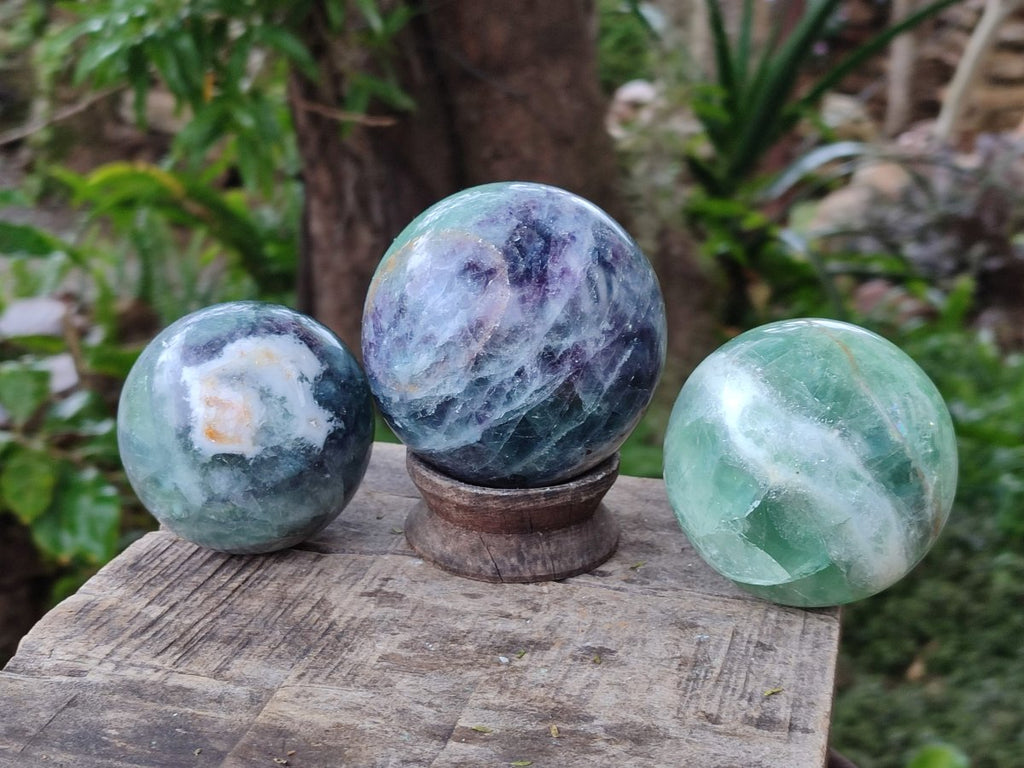 Polished Watermelon Fluorite Spheres x 3 From Uis, Namibia - Toprock Gemstones and Minerals 