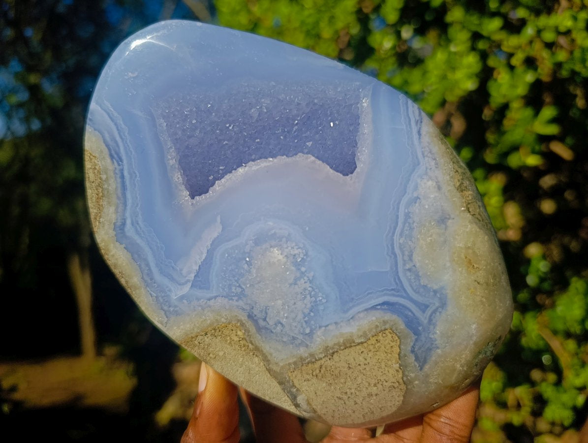Polished Blue Lace Agate Geode Standing Display Piece x 1 From Nsanje, Malawi - Toprock Gemstones and Minerals 