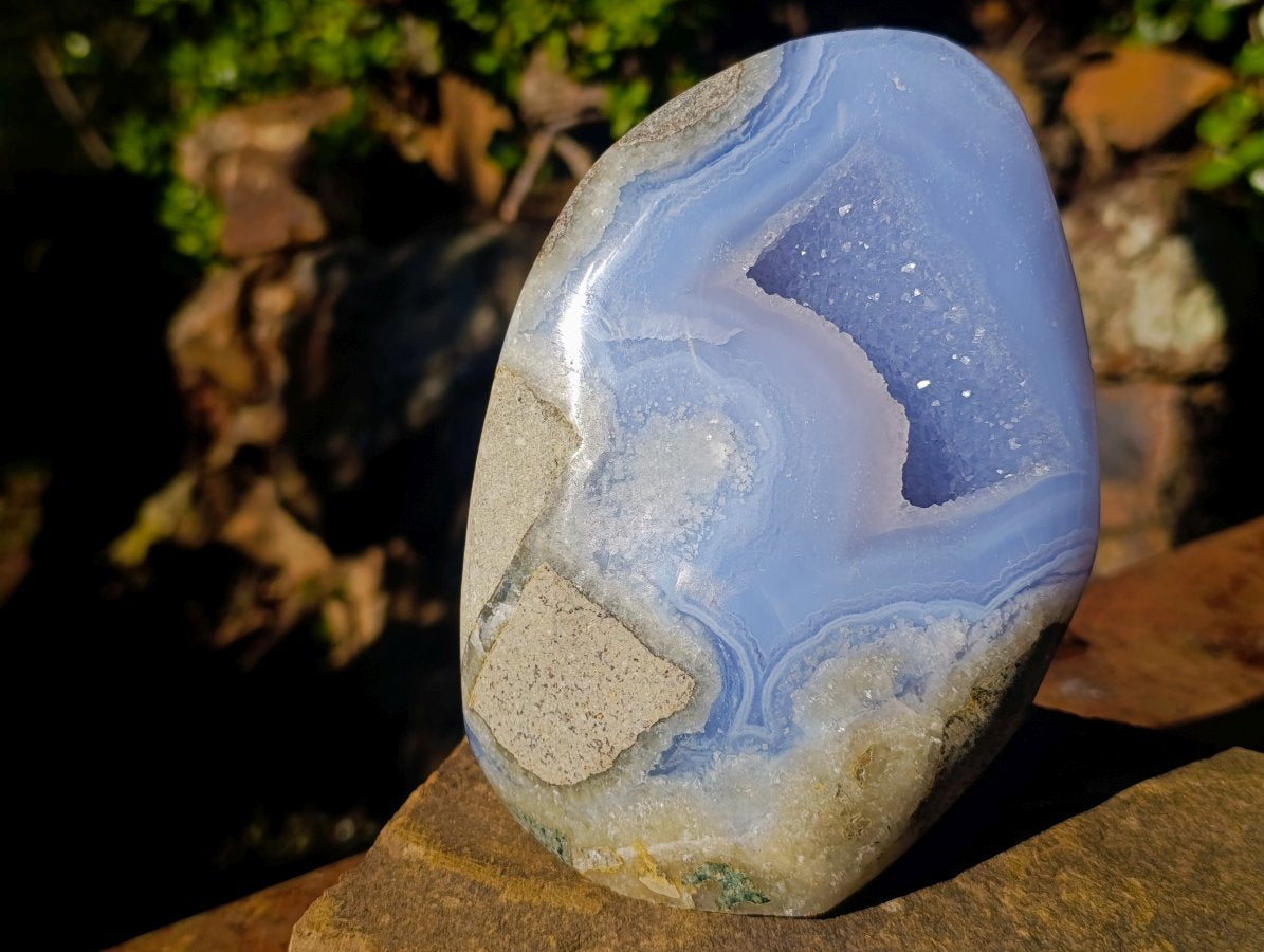 Polished Blue Lace Agate Geode Standing Display Piece x 1 From Nsanje, Malawi - Toprock Gemstones and Minerals 