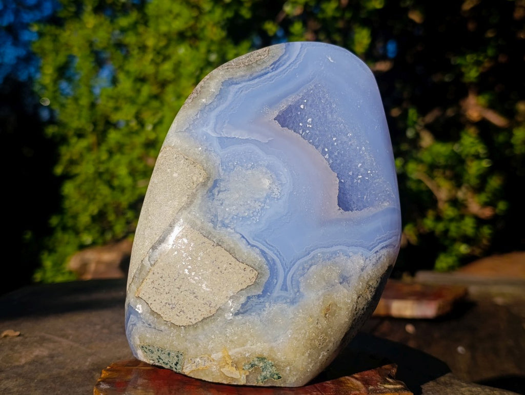 Polished Blue Lace Agate Geode Standing Display Piece x 1 From Nsanje, Malawi - Toprock Gemstones and Minerals 