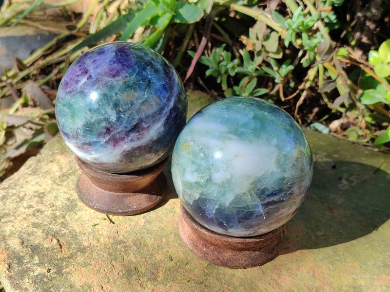 Polished Watermelon Fluorite Spheres x 2 From Uis, Namibia - Toprock Gemstones and Minerals 