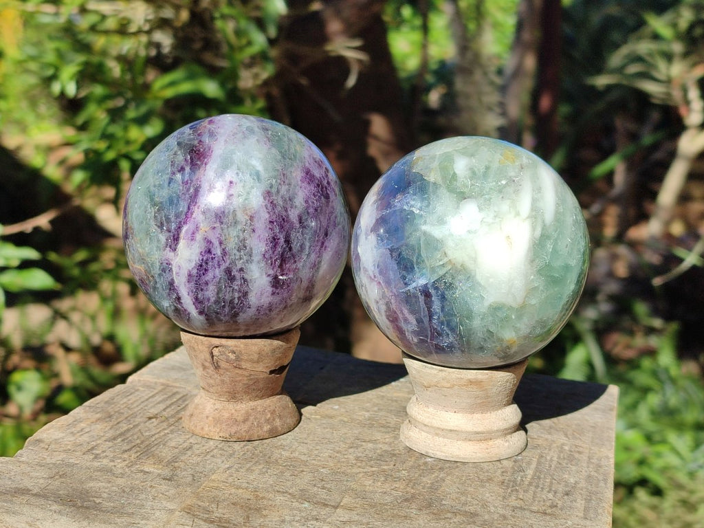 Polished Watermelon Fluorite Spheres x 2 From Uis, Namibia - Toprock Gemstones and Minerals 