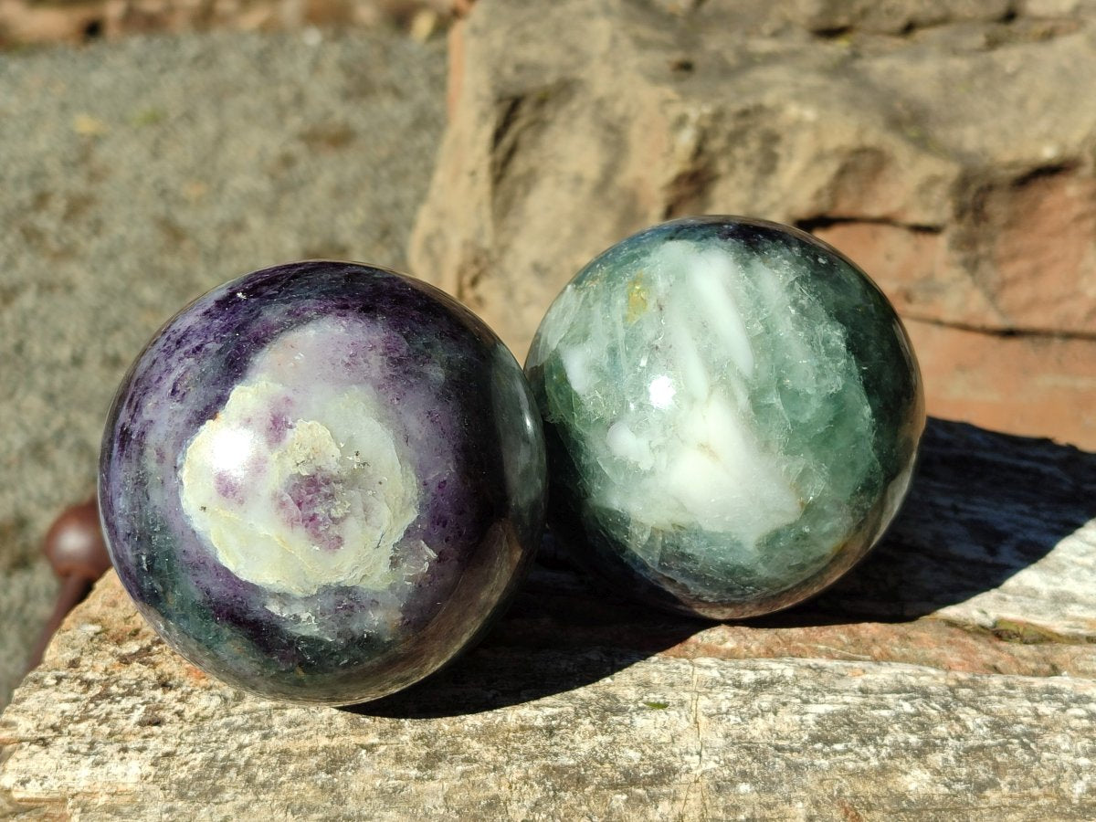 Polished Watermelon Fluorite Spheres x 2 From Uis, Namibia - Toprock Gemstones and Minerals 