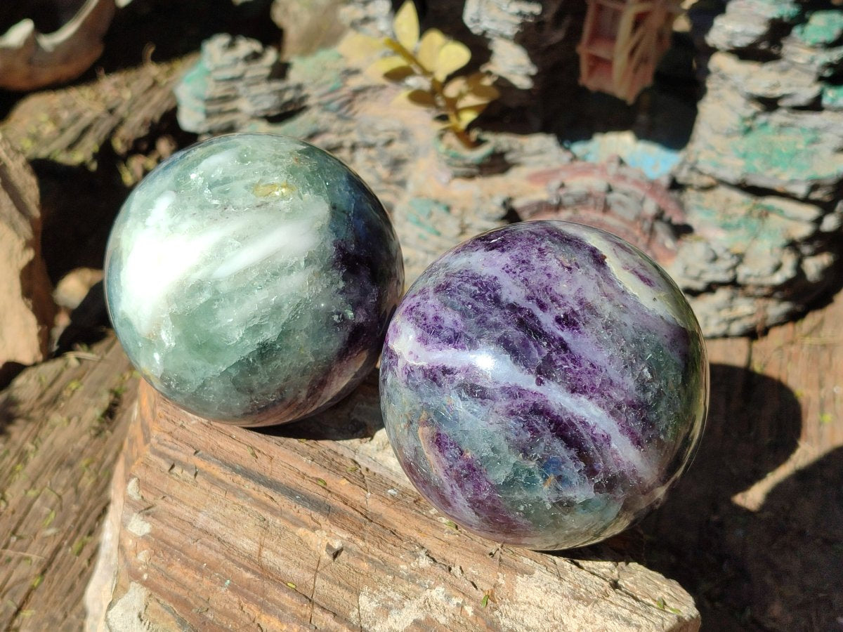 Polished Watermelon Fluorite Spheres x 2 From Uis, Namibia - Toprock Gemstones and Minerals 
