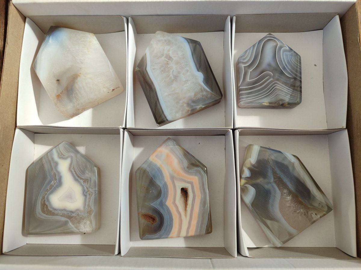 Polished Banded Agate Crystal Shaped Slices x 6 From Madagascar - Toprock Gemstones and Minerals 