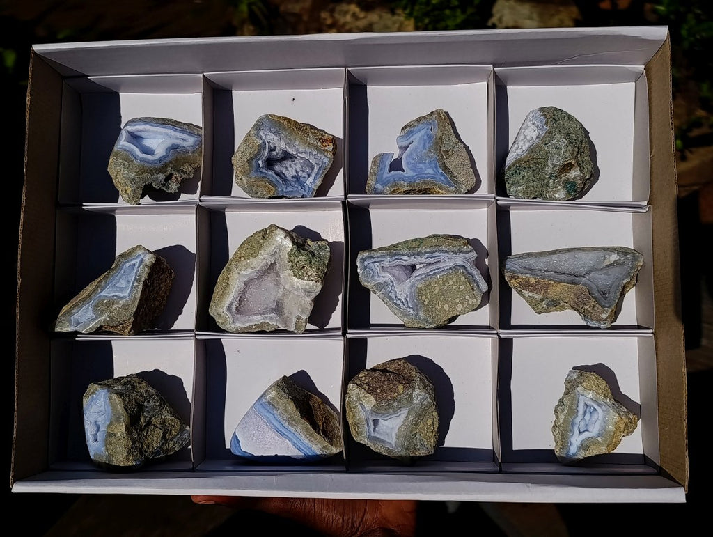 Polished On One Side Blue Lace Agate Geodes x 12 From Nsanje, Malawi - Toprock Gemstones and Minerals 