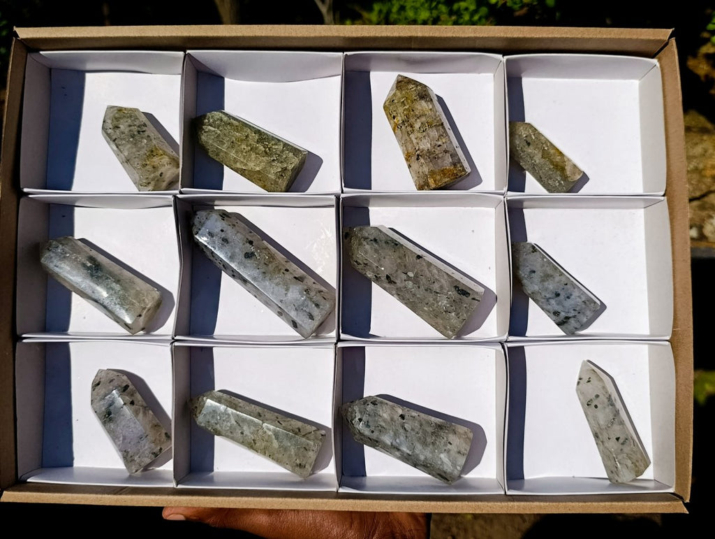 Polished Girasol Rock Crystal with Epidote Inclusions Display Crystals x 12 From Madagascar - Toprock Gemstones and Minerals 