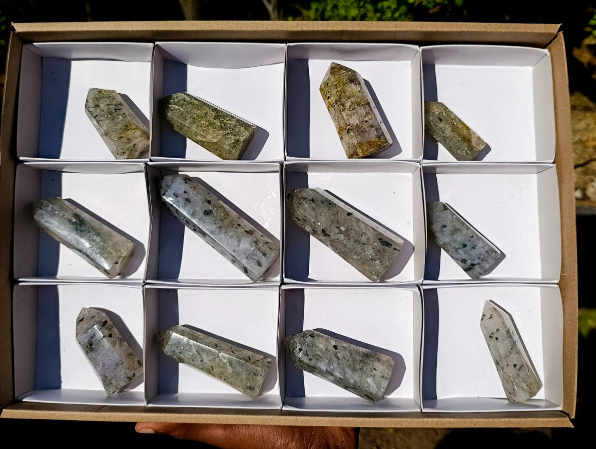Polished Girasol Rock Crystal with Epidote Inclusions Display Crystals x 12 From Madagascar - Toprock Gemstones and Minerals 