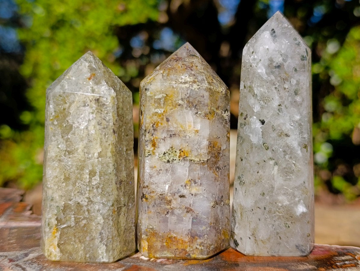 Polished Girasol Rock Crystal with Epidote Inclusions Display Crystals x 12 From Madagascar - Toprock Gemstones and Minerals 