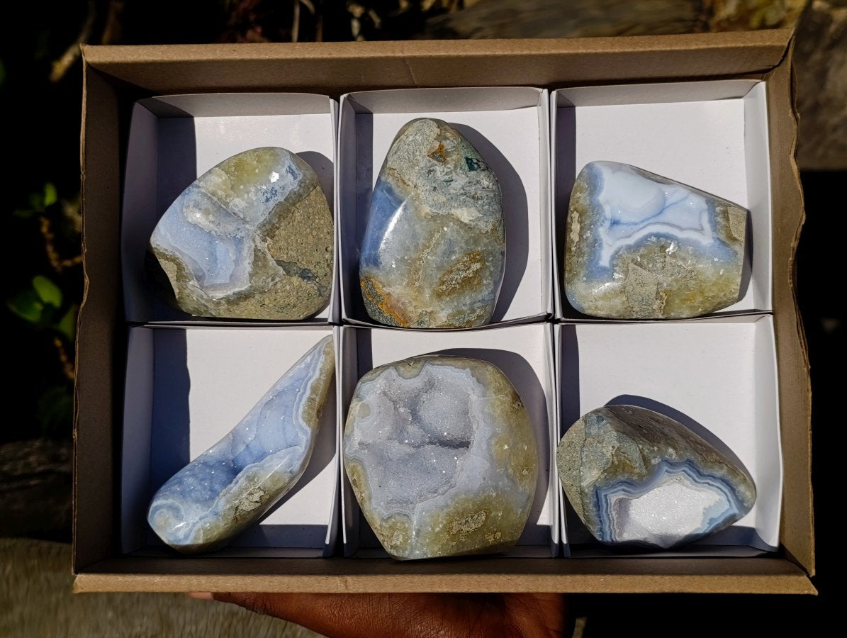 Polished Blue Lace Agate Standing Display Pieces x 6 From Nsanje, Malawi - Toprock Gemstones and Minerals 
