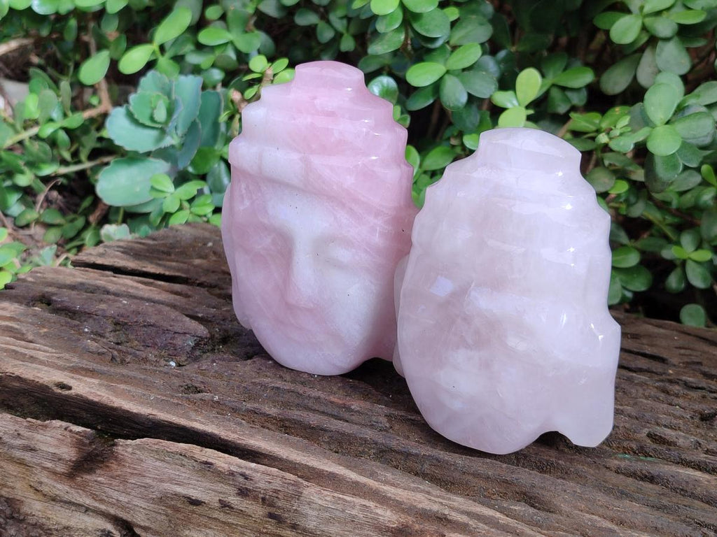 Hand Made Buddha Head Rose Quartz Carvings x 2 From Madagascar - Toprock Gemstones and Minerals 