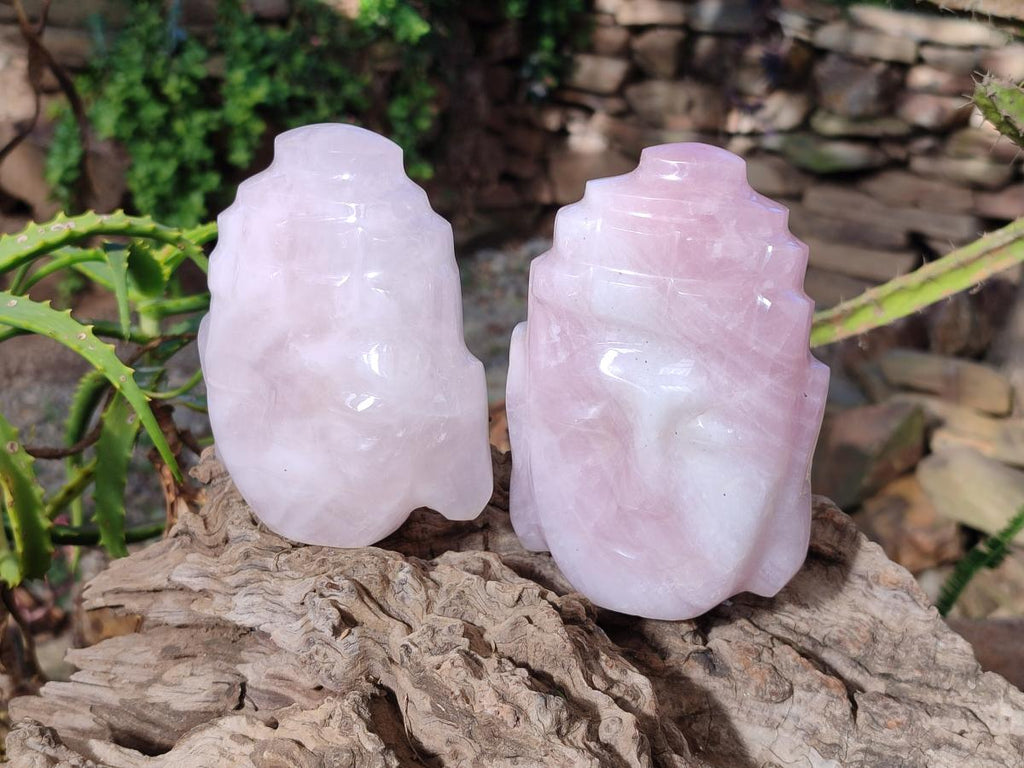 Hand Made Buddha Head Rose Quartz Carvings x 2 From Madagascar - Toprock Gemstones and Minerals 