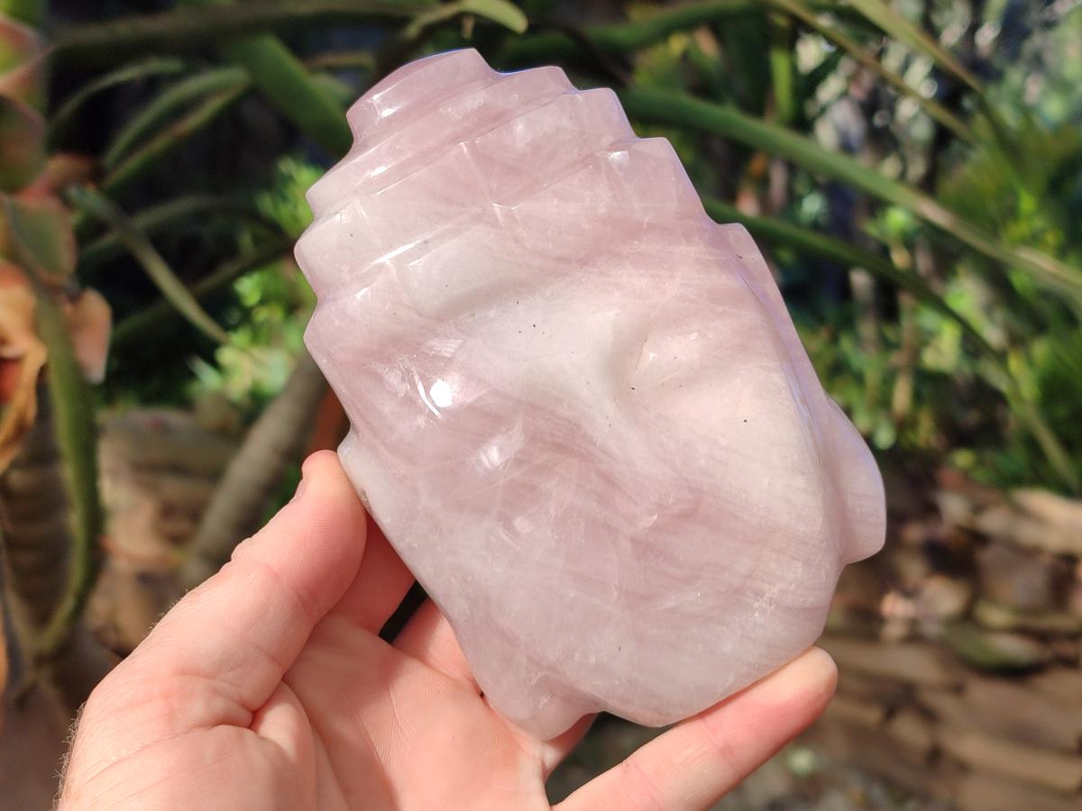 Hand Made Buddha Head Rose Quartz Carvings x 2 From Madagascar - Toprock Gemstones and Minerals 