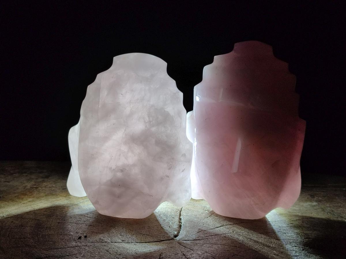 Hand Made Buddha Head Rose Quartz Carvings x 2 From Madagascar - Toprock Gemstones and Minerals 