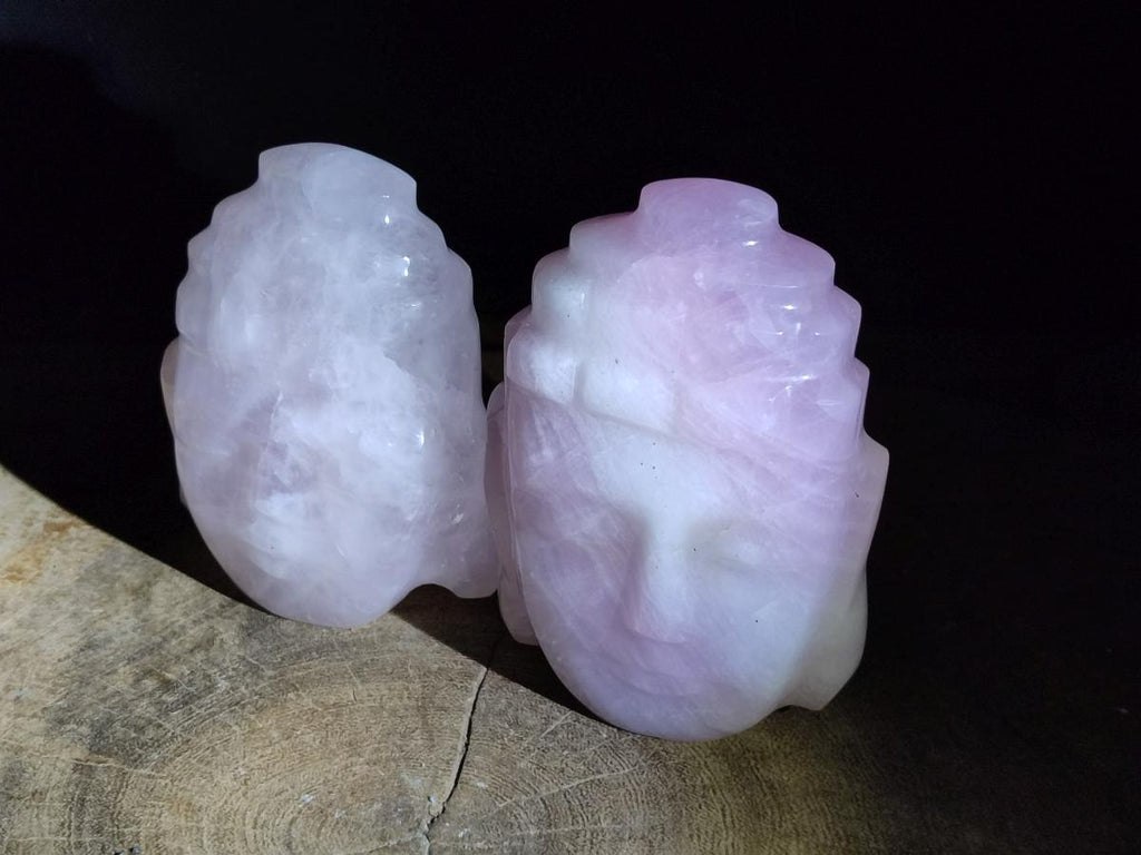 Hand Made Buddha Head Rose Quartz Carvings x 2 From Madagascar - Toprock Gemstones and Minerals 