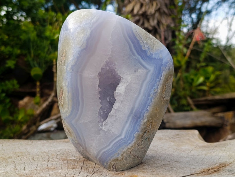 Polished XL Blue Lace Agate Geode Standing Display Piece x 1 From Nsanje, Malawi - Toprock Gemstones and Minerals 
