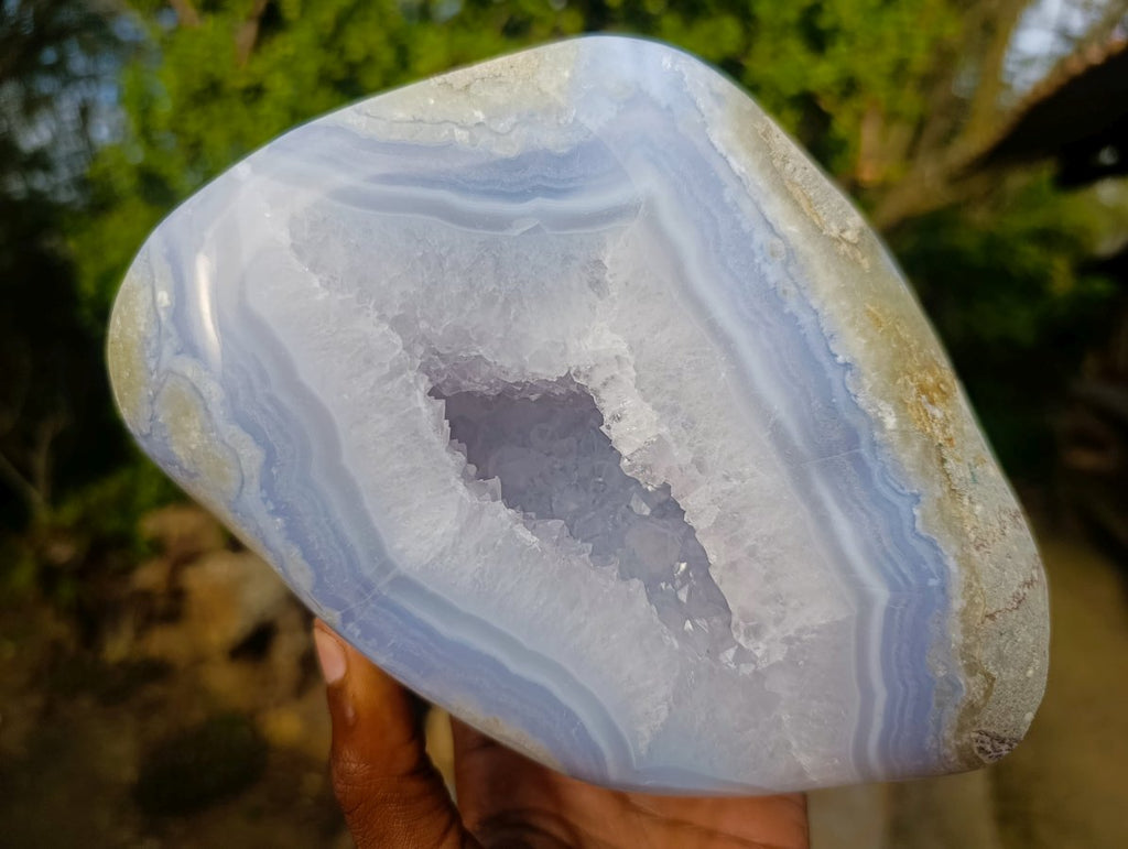 Polished XL Blue Lace Agate Geode Standing Display Piece x 1 From Nsanje, Malawi - Toprock Gemstones and Minerals 
