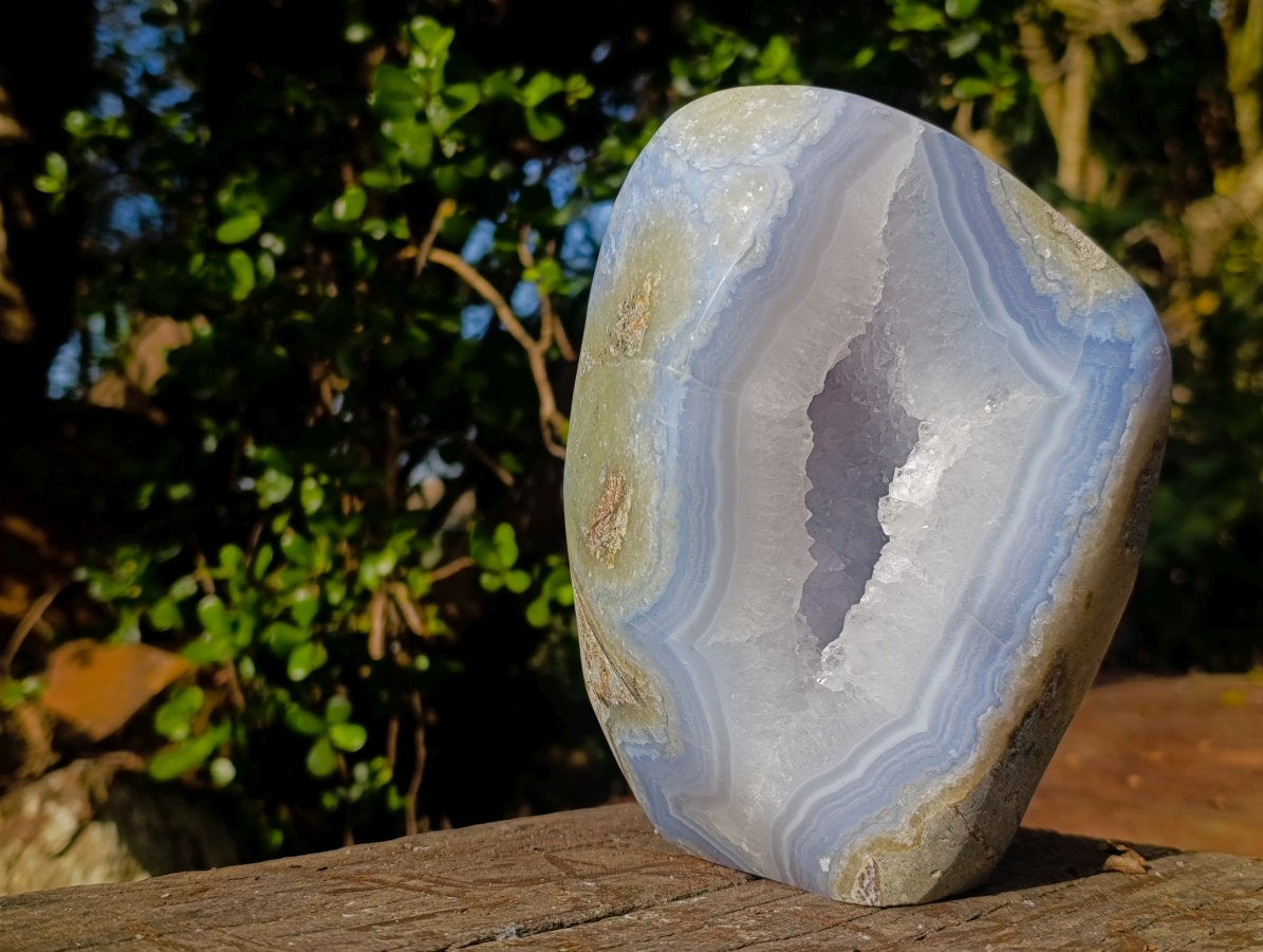 Polished XL Blue Lace Agate Geode Standing Display Piece x 1 From Nsanje, Malawi - Toprock Gemstones and Minerals 