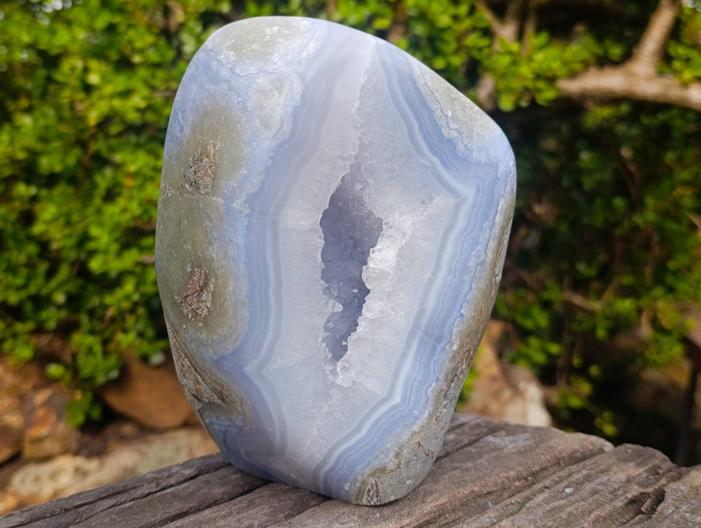 Polished XL Blue Lace Agate Geode Standing Display Piece x 1 From Nsanje, Malawi - Toprock Gemstones and Minerals 