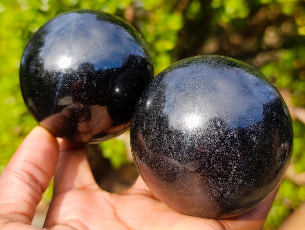 Polished Black Tourmaline Spheres x 2 From Madagascar - Toprock Gemstones and Minerals 