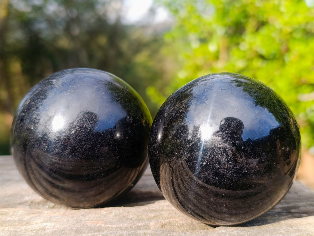 Polished Black Tourmaline Spheres x 2 From Madagascar - Toprock Gemstones and Minerals 