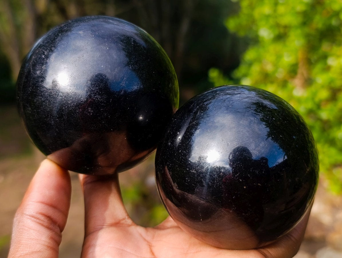 Polished Black Tourmaline Spheres x 2 From Madagascar - Toprock Gemstones and Minerals 