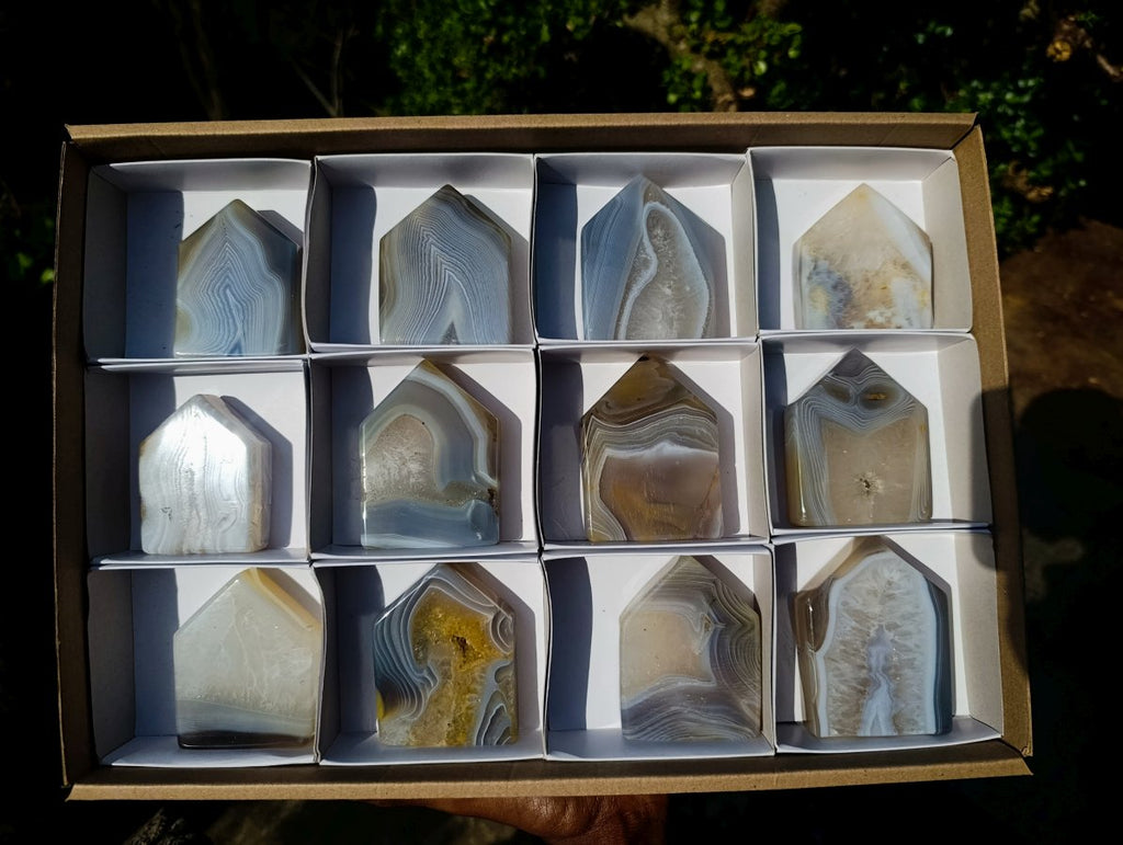 Polished Banded Agate Crystal Shaped Slices x 12 From Madagascar - Toprock Gemstones and Minerals 