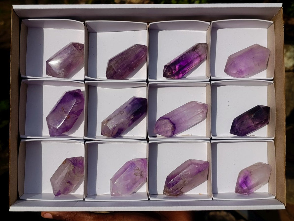 Polished Window Amethyst Double Terminated Crystals x 12 From Akansobe, Madagascar - Toprock Gemstones and Minerals 