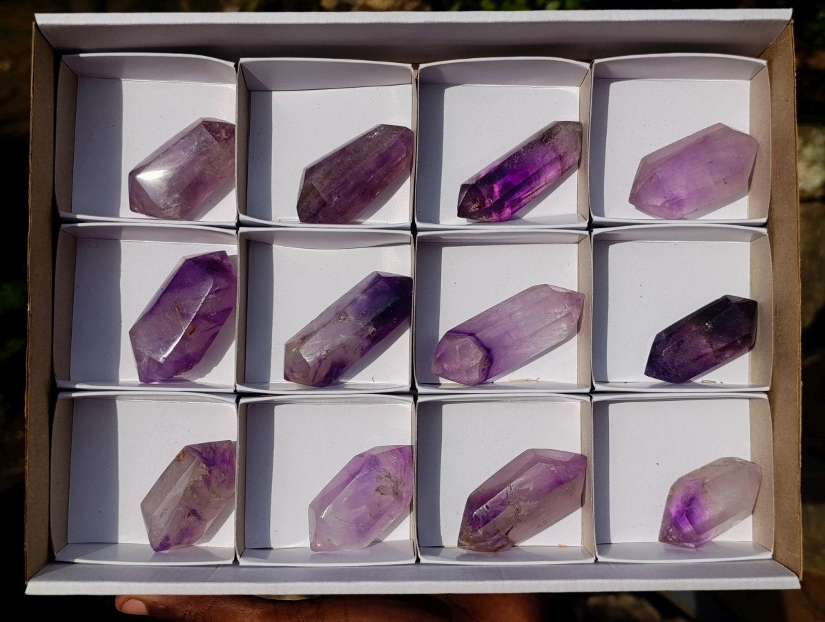 Polished Window Amethyst Double Terminated Crystals x 12 From Akansobe, Madagascar - Toprock Gemstones and Minerals 