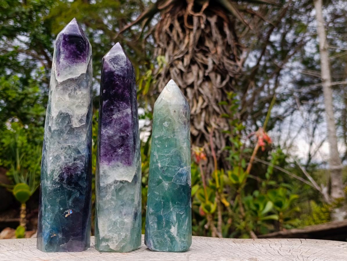 Polished Watermelon Fluorite Display Crystals and Tower x 3 From Uis, Namibia - Toprock Gemstones and Minerals 