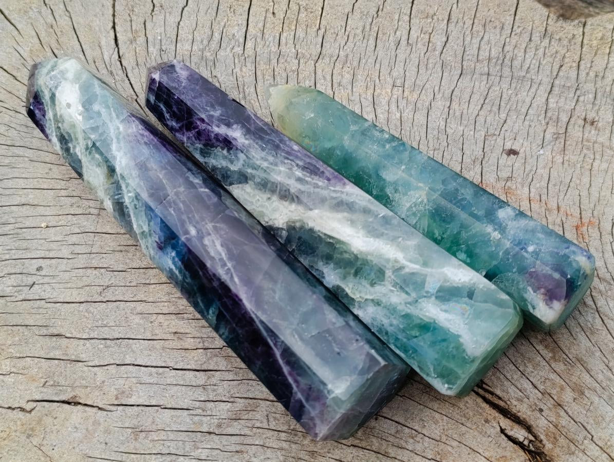 Polished Watermelon Fluorite Display Crystals and Tower x 3 From Uis, Namibia - Toprock Gemstones and Minerals 