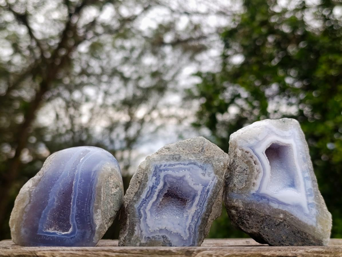 Polished On One Side Blue Lace Agate Geodes x 12 From Nsanje, Malawi - Toprock Gemstones and Minerals 