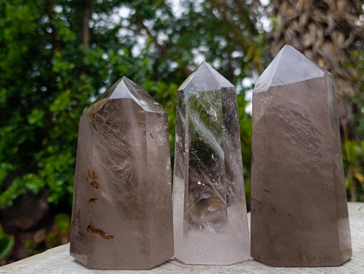 Polished Smokey and Clear Quartz Display Crystals x 3 From Madagascar - Toprock Gemstones and Minerals 