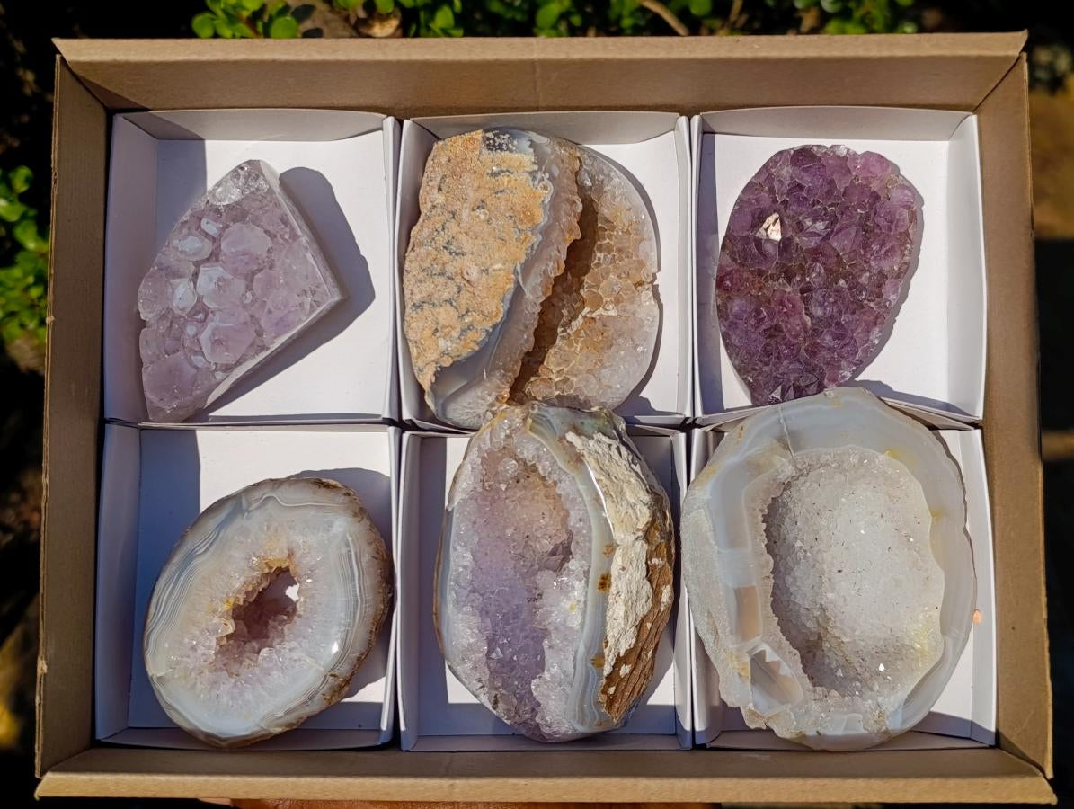 Polished Mix of Agate Crystalline Geodes and Crystal Topped Plates x 6 From Maintirano, Madagascar - Toprock Gemstones and Minerals 