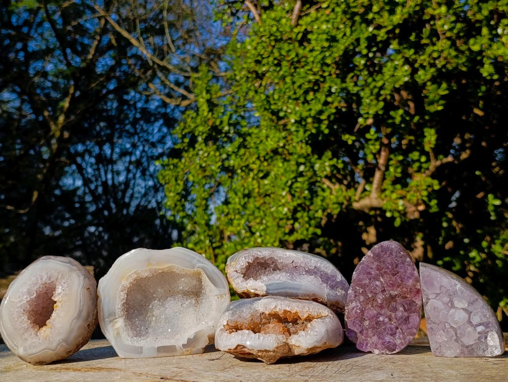 Polished Mix of Agate Crystalline Geodes and Crystal Topped Plates x 6 From Maintirano, Madagascar - Toprock Gemstones and Minerals 