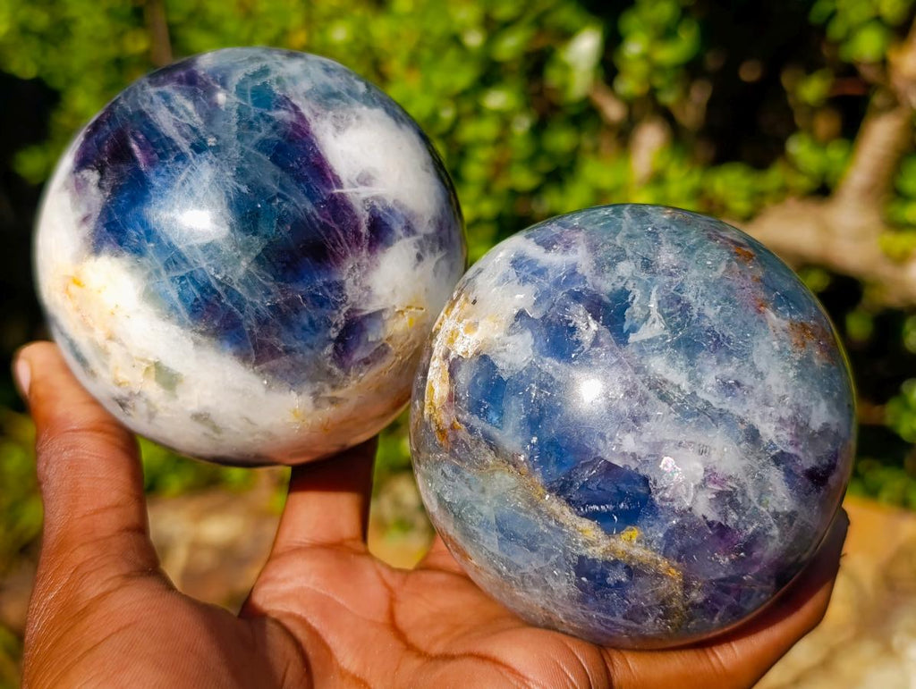 Polished Watermelon Fluorite Spheres x 2 From Uis, Namibia - Toprock Gemstones and Minerals 