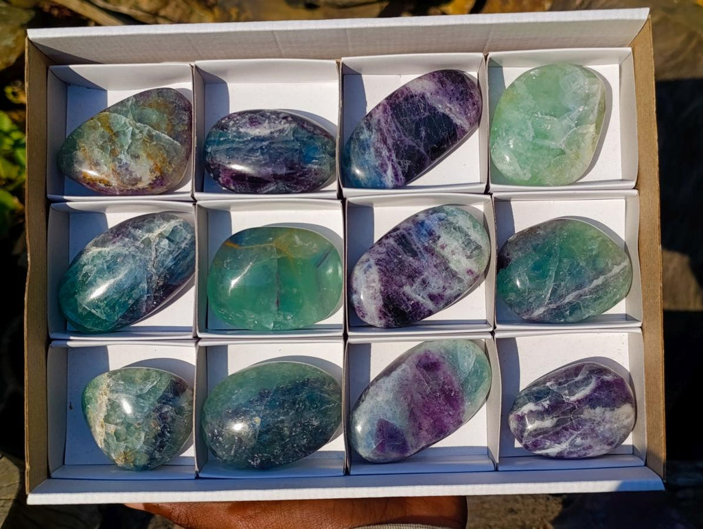 Polished Watermelon Fluorite Palm Stones x 12 From Uis, Namibia - Toprock Gemstones and Minerals 