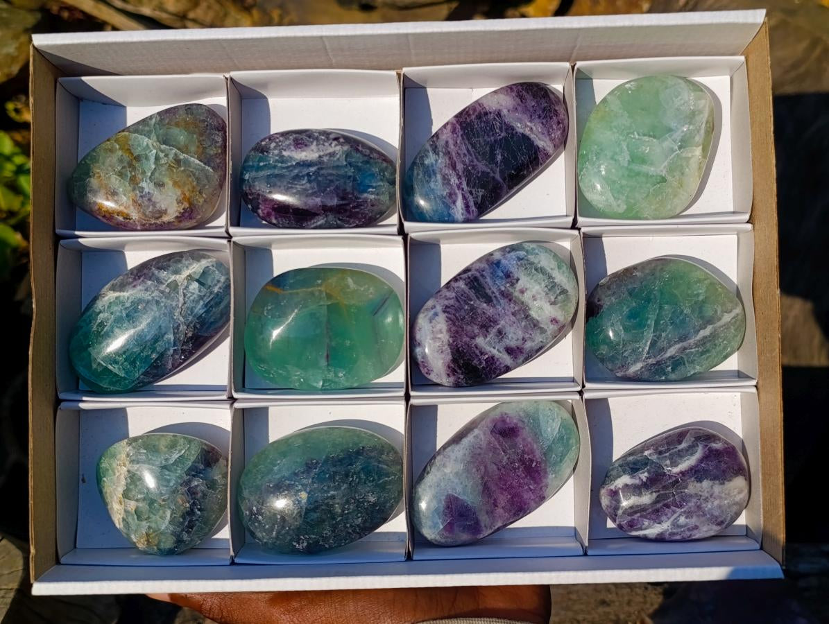 Polished Watermelon Fluorite Palm Stones x 12 From Uis, Namibia - Toprock Gemstones and Minerals 