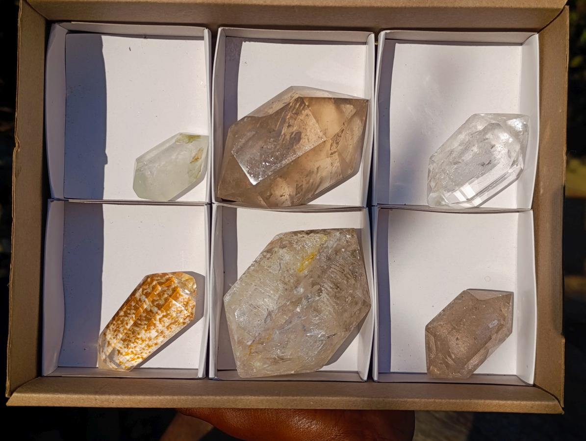 Polished Double Terminated Clear Quartz Crystals with Inclusions x 6 From Madagascar - Toprock Gemstones and Minerals 