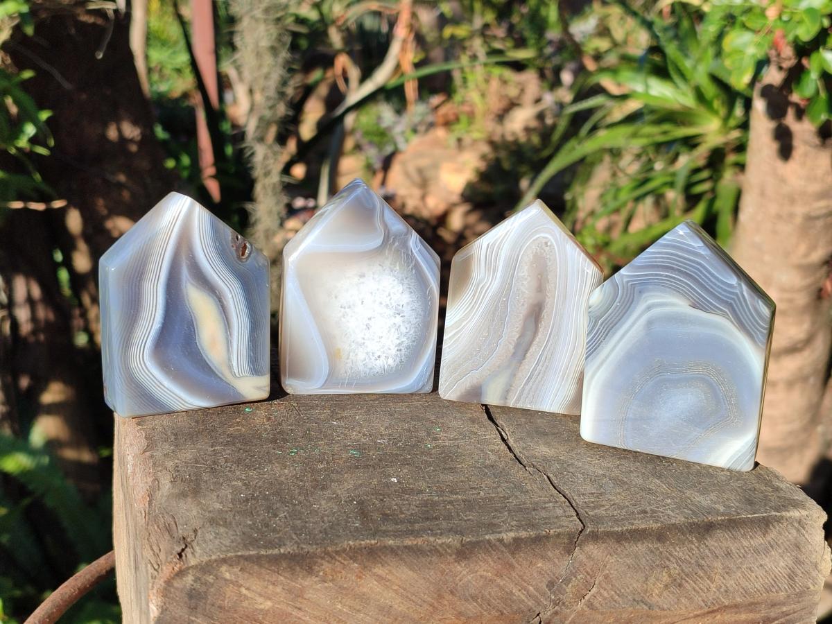 Polished Banded Agate Standing Crystal Shaped Slices x 12 From Madagascar - Toprock Gemstones and Minerals 