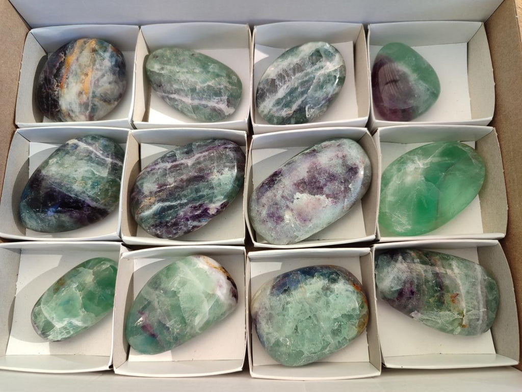 Polished Watermelon Fluorite Palm Stones x 12 From Uis, Namibia - Toprock Gemstones and Minerals 