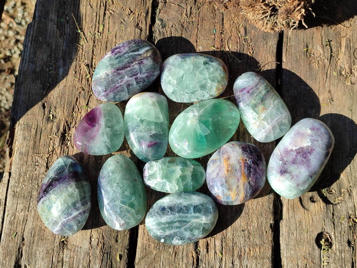 Polished Watermelon Fluorite Palm Stones x 12 From Uis, Namibia - Toprock Gemstones and Minerals 