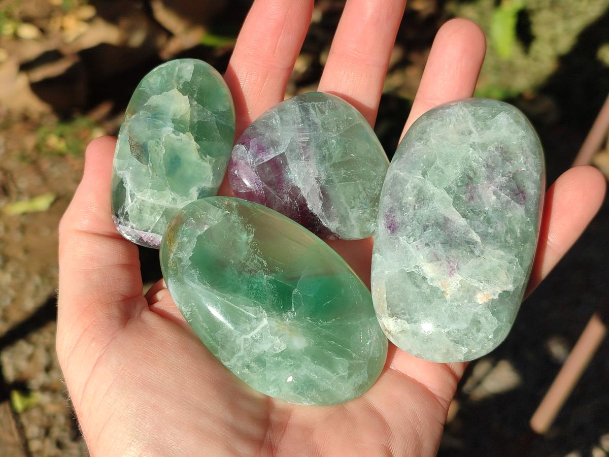 Polished Watermelon Fluorite Palm Stones x 12 From Uis, Namibia - Toprock Gemstones and Minerals 