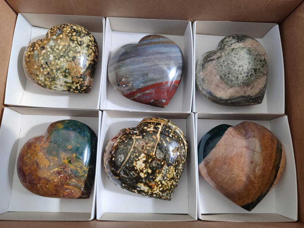 Polished Ocean Jasper Hearts x 6 From Northwest Coast, Madagascar - Toprock Gemstones and Minerals 