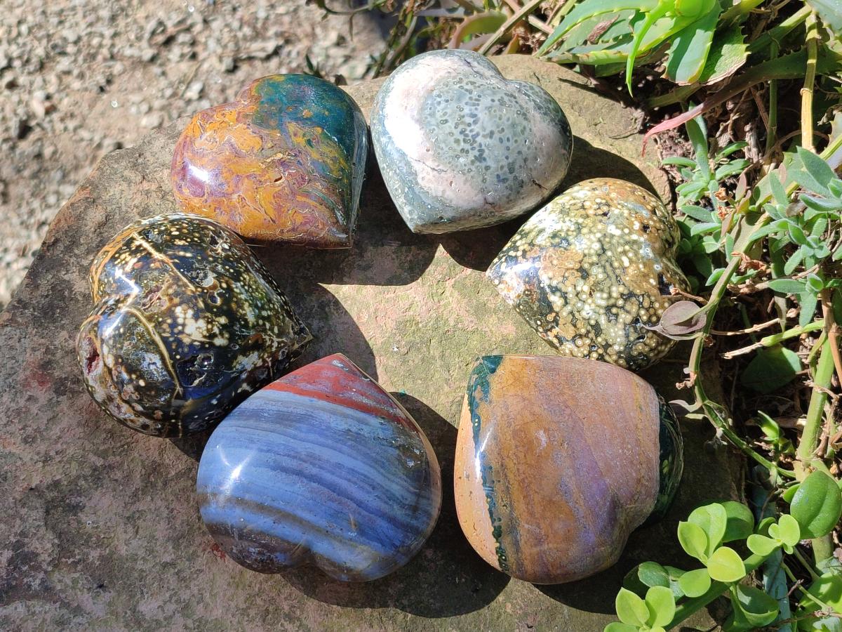 Polished Ocean Jasper Hearts x 6 From Northwest Coast, Madagascar - Toprock Gemstones and Minerals 