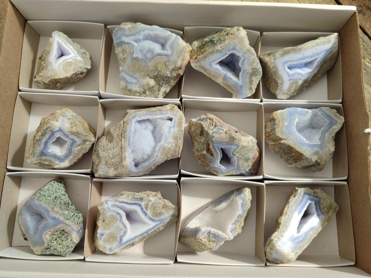 Polished On One Side Blue Lace Agate Geodes x 12 From Nsanje, Malawi - Toprock Gemstones and Minerals 