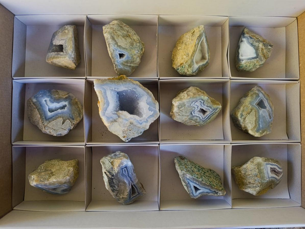 Polished One Side Blue Lace Agate Geodes x 12 From Nsanje, Malawi - Toprock Gemstones and Minerals 