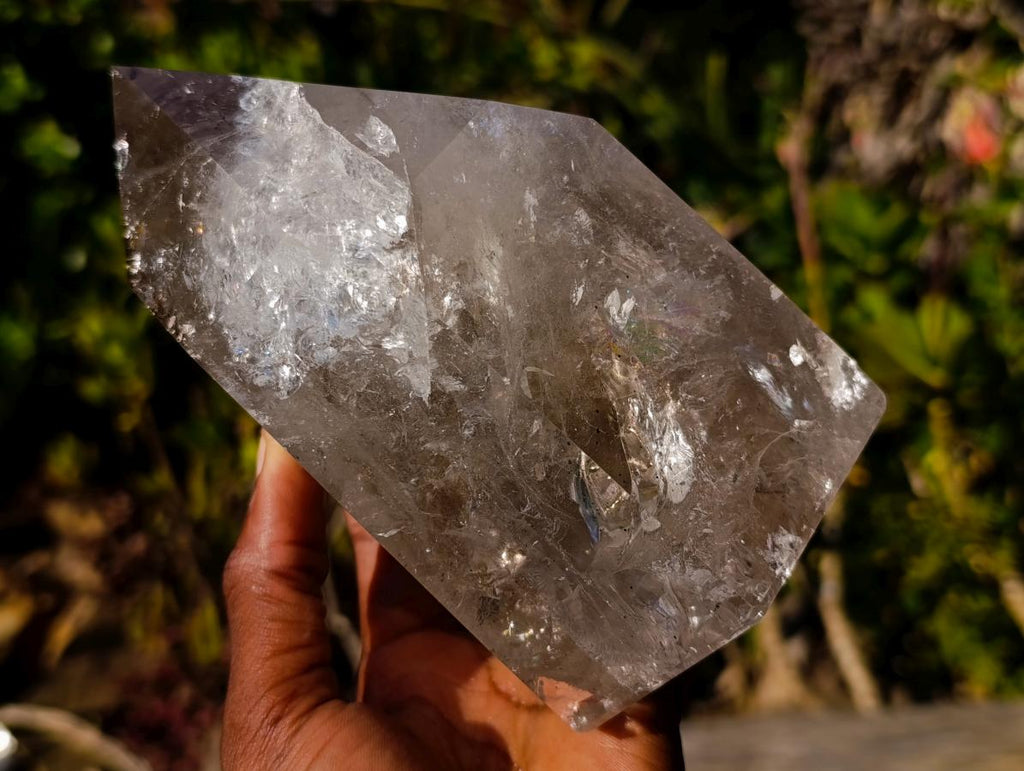 Polished Large Smokey Window Quartz Crystal with Enhydro x 1 From Madagascar - Toprock Gemstones and Minerals 