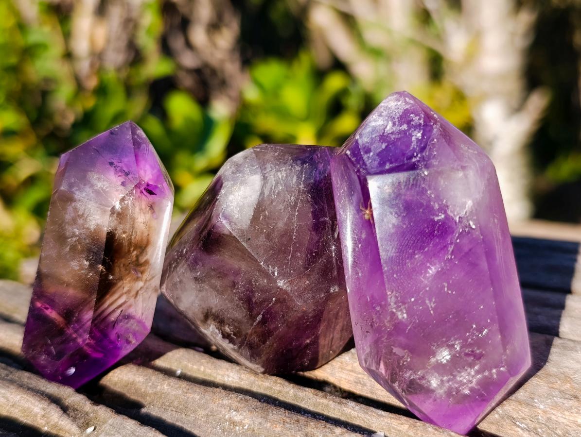 Polished Double Terminated Smokey Window Amethyst Crystals x 7 From Akansobe, Madagascar - Toprock Gemstones and Minerals 